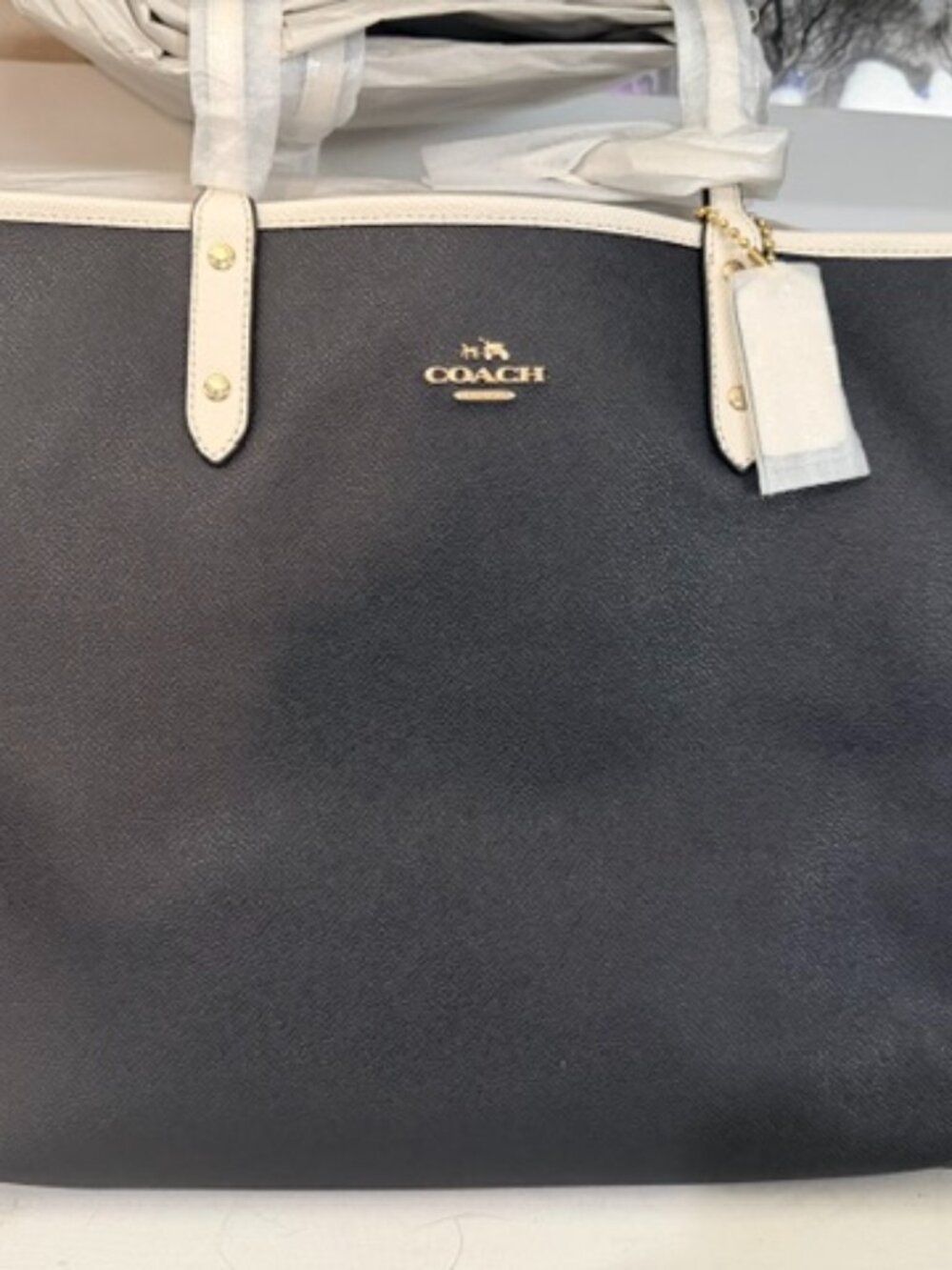 Coach City Large Reversible Blk/Chalk Tote Gold Hardware Dbl Handles NEW w TAGS